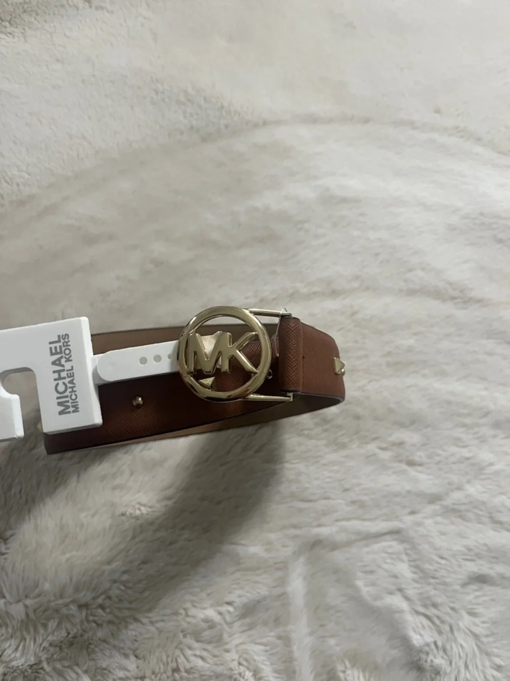 Michael Kors Brown Leather MK Circle Logo Belt with Gold Buckle - Picture 1 of 5